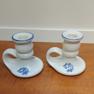 Pfaltzgraff White Ceramic Candle Holder Pair with Blue Floral Accents